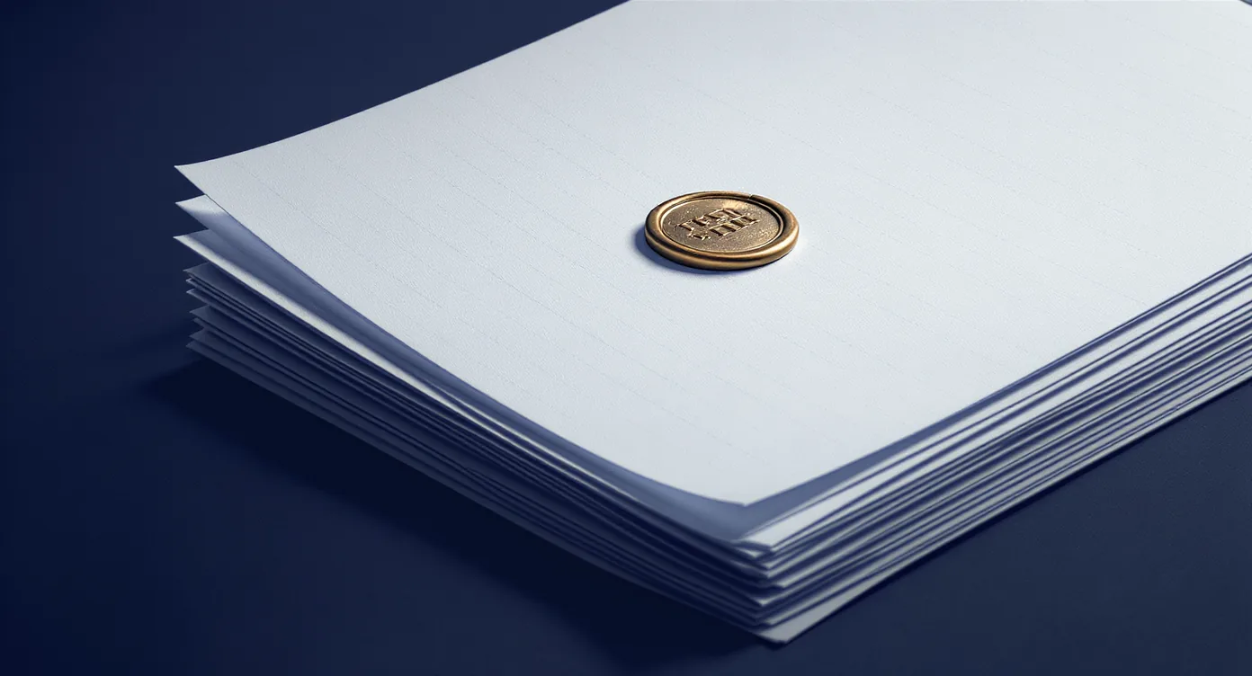 A stack of ruled paper sheets held down by one bronze seal.